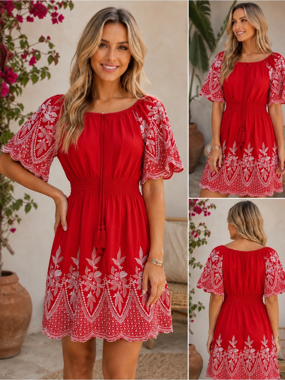 Kindred Red Embroidered Smocked Waist Mini Dress Size Medium